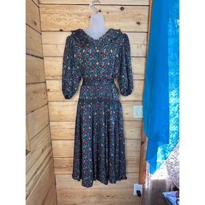 Vintage Mosaic Floral Pleated Midi Dress Black Multi Color Ruffle Neck Tassel